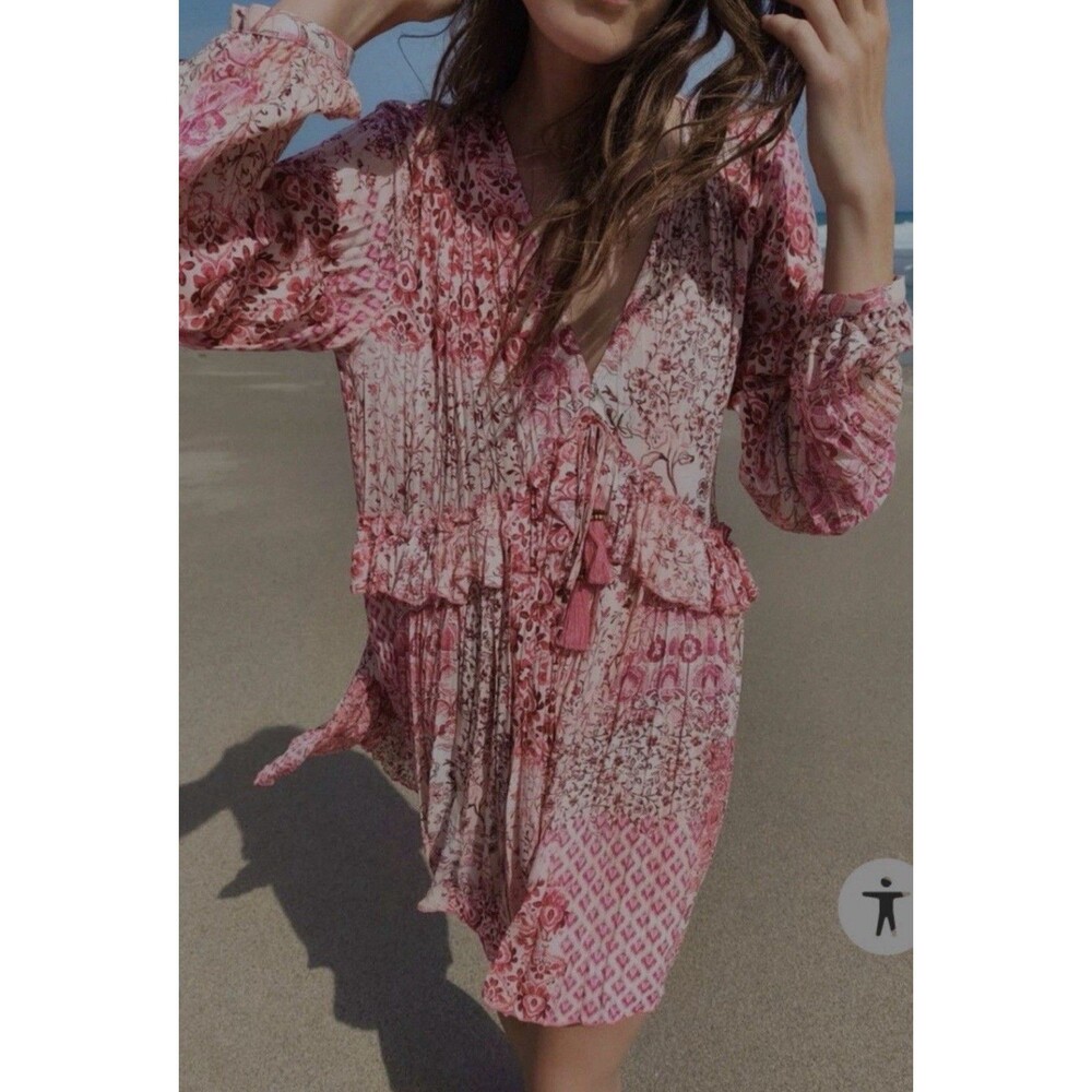 Zara Women's Patchwork Print Mini Dress Pink Size XS V-Neck Ruffle Tassel Boho